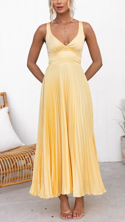 Aby - Gelbes, elegantes Plisseekleid
