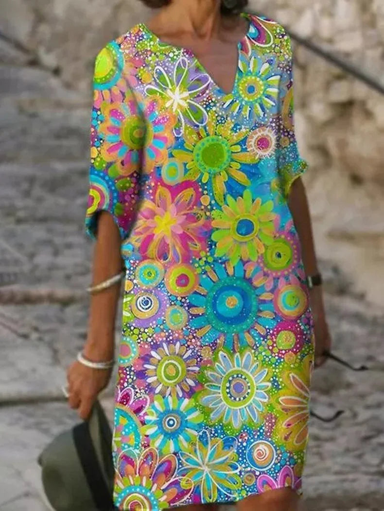Sharmaine | Elegantes Kleid mit Blumenmuster und V-Ausschnitt