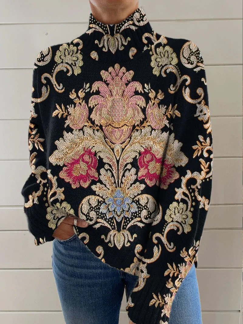 Pull à col roulé en maille à motif floral vintage pour femme 