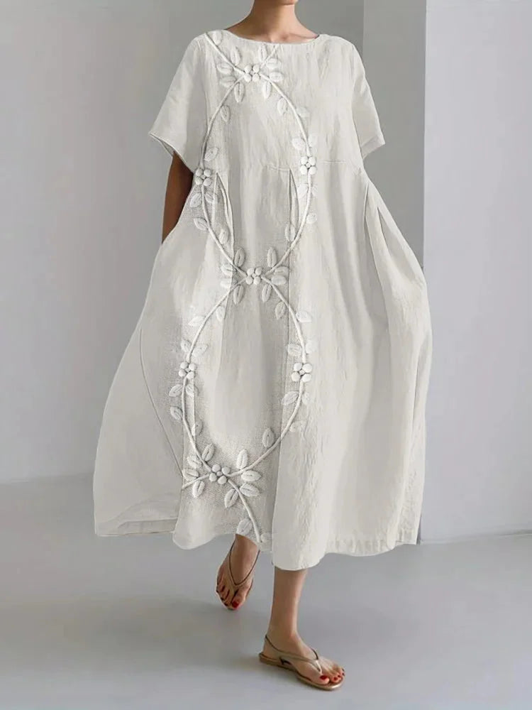 Elegantes Longkleid aus Leinen-Mix mit Weinreben-Stickerei