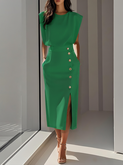Einfarbiges Midikleid mit Knopfschlitz und Rundhalsausschnitt 
