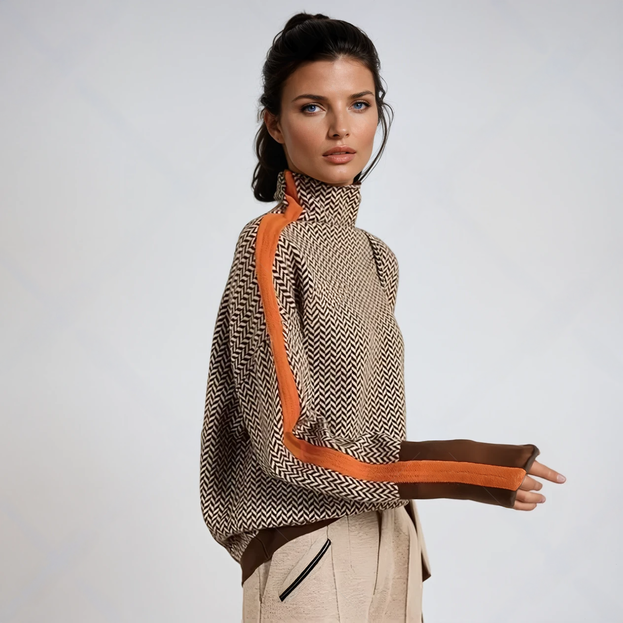 Damen Rollkragenpullover mit Kontraststreifen