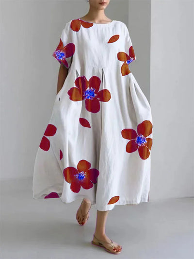 Lässiges, lockeres Kleid mit Rundhalsausschnitt und Blumenrock für Damen im Frühling und Sommer