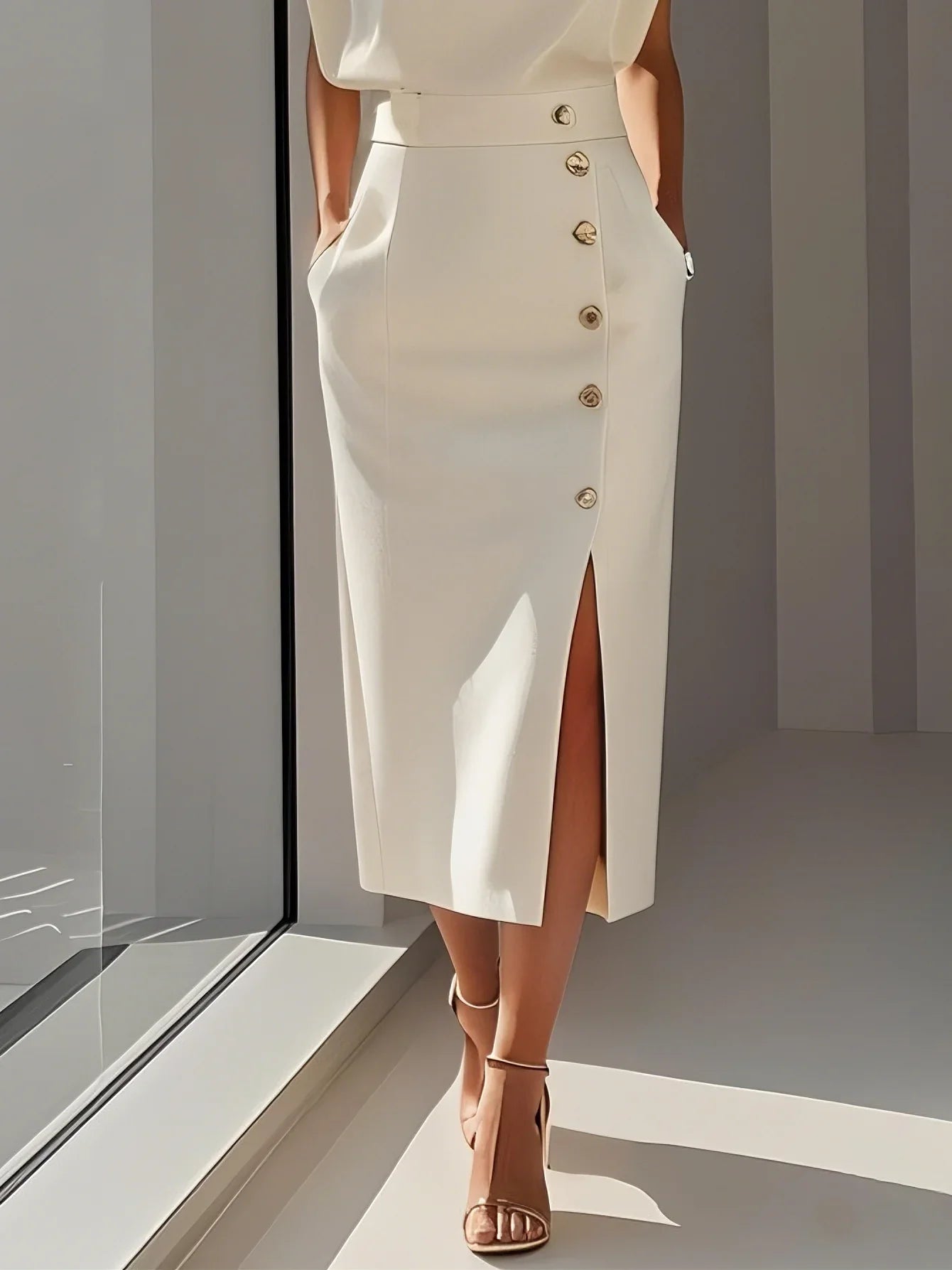 Einfarbiges Midikleid mit Knopfschlitz und Rundhalsausschnitt 