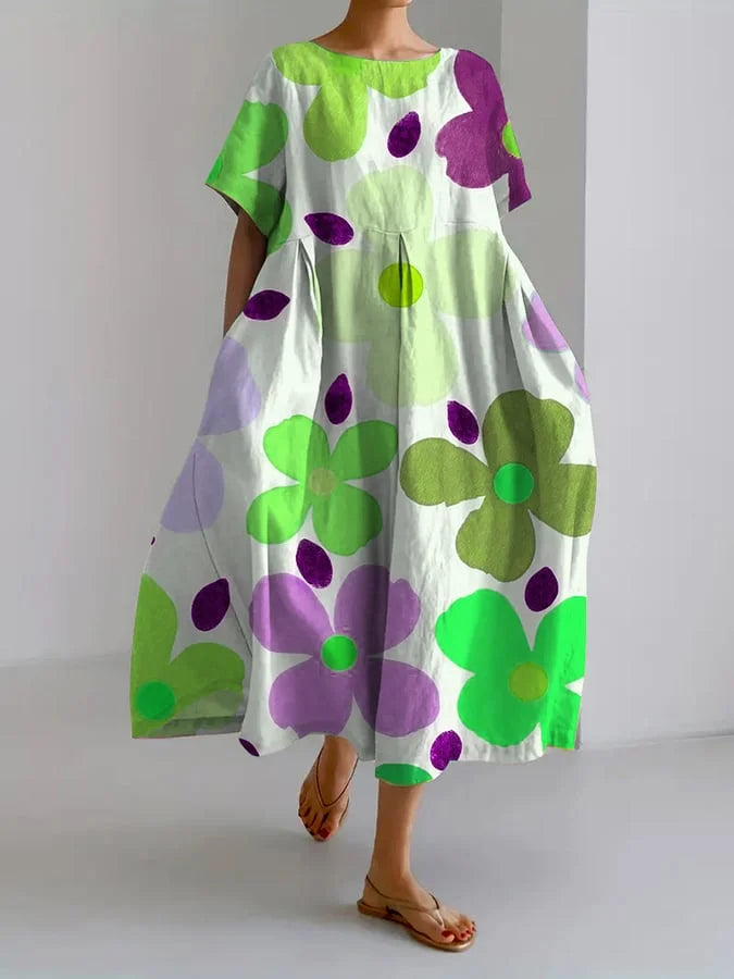Lässiges, lockeres Kleid für Damen im Retro-Stil mit botanischem Blumenmuster