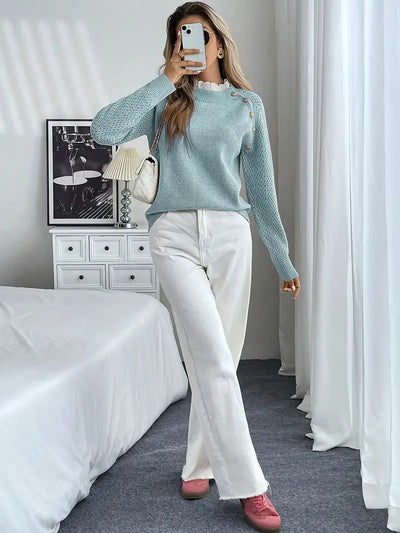 Crelace - Stylish Knit Sweater with Lace and Round Neckline