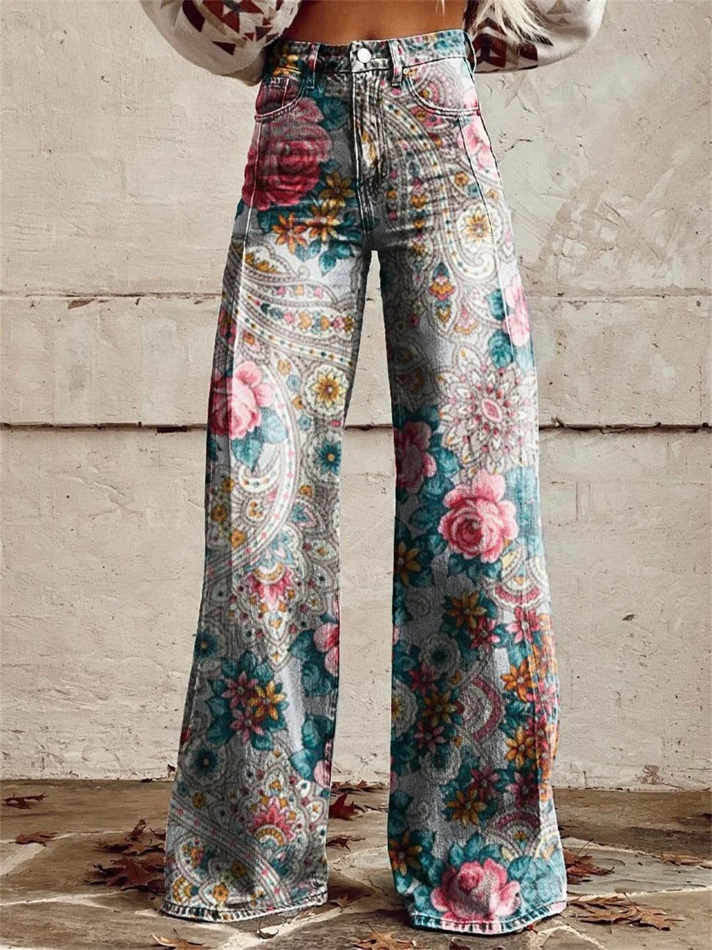 Alyssa – Vintage-Hose mit weitem Bein und buntem Blumenmuster