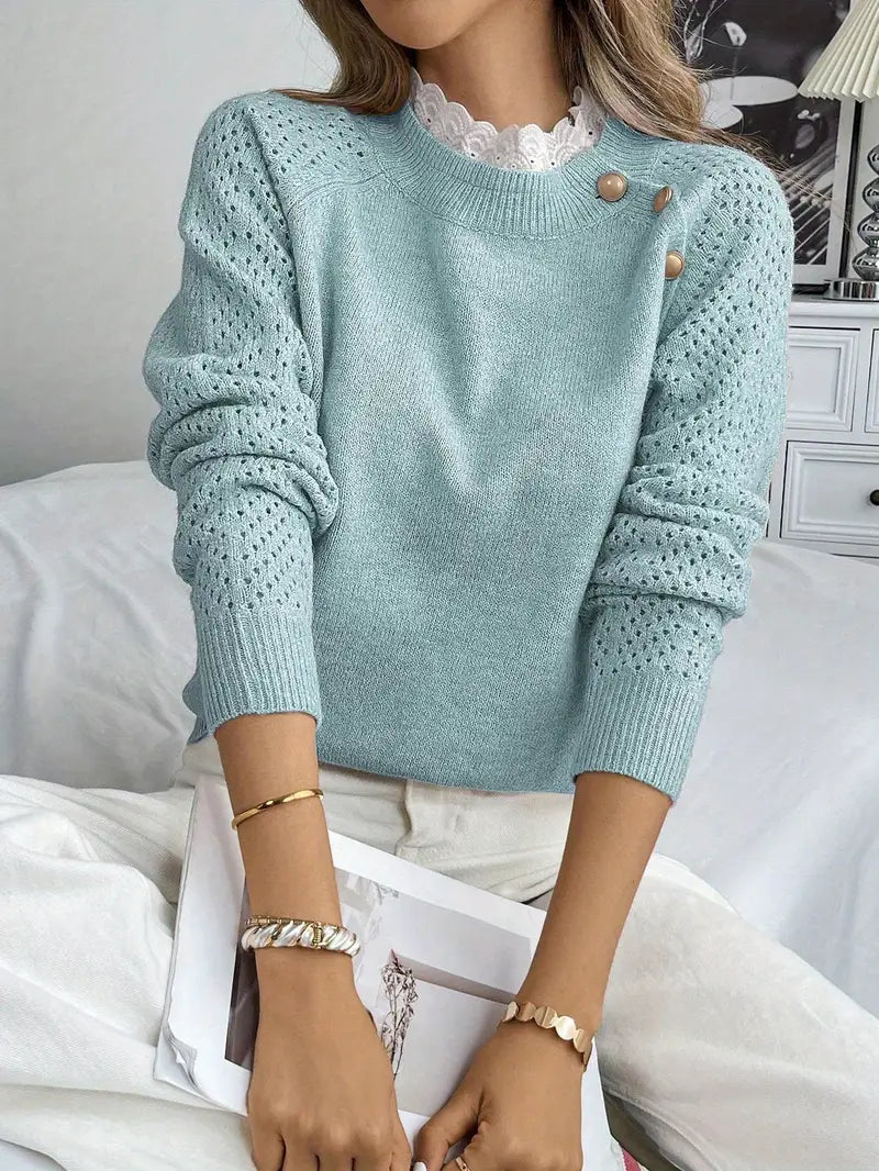 Crelace - Stylish Knit Sweater with Lace and Round Neckline