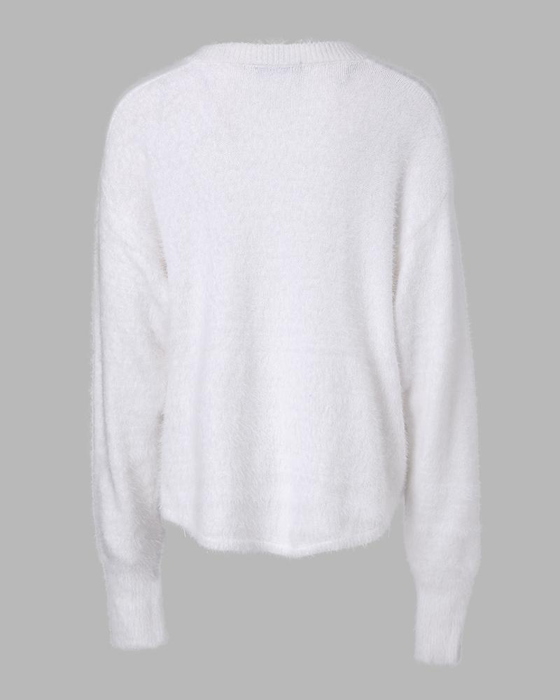 Lockerer Pullover mit V-Ausschnitt, langen Ärmeln und Perlen, verziert mit Applikationen 