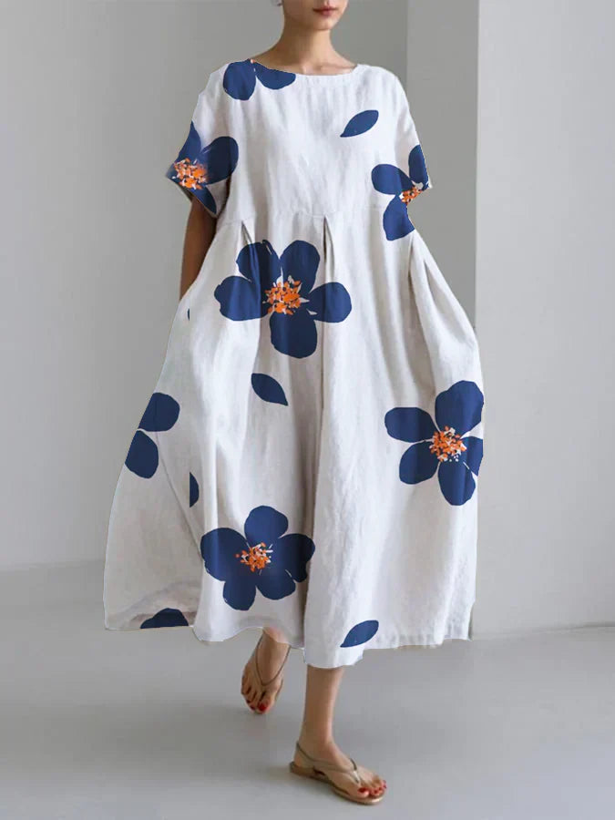 Lässiges, lockeres Kleid mit Rundhalsausschnitt und Blumenrock für Damen im Frühling und Sommer