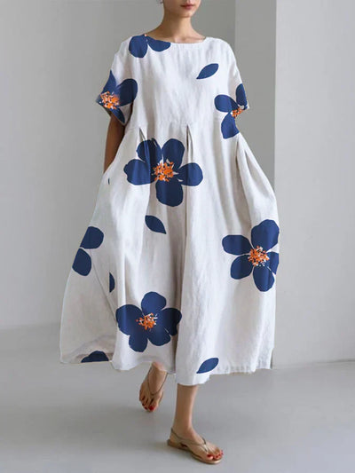 Lässiges, lockeres Kleid mit Rundhalsausschnitt und Blumenrock für Damen im Frühling und Sommer