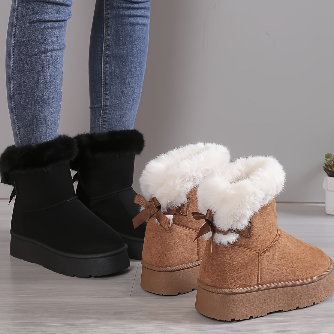 Stylische, thermogefütterte Plüschstiefel mit Schleife