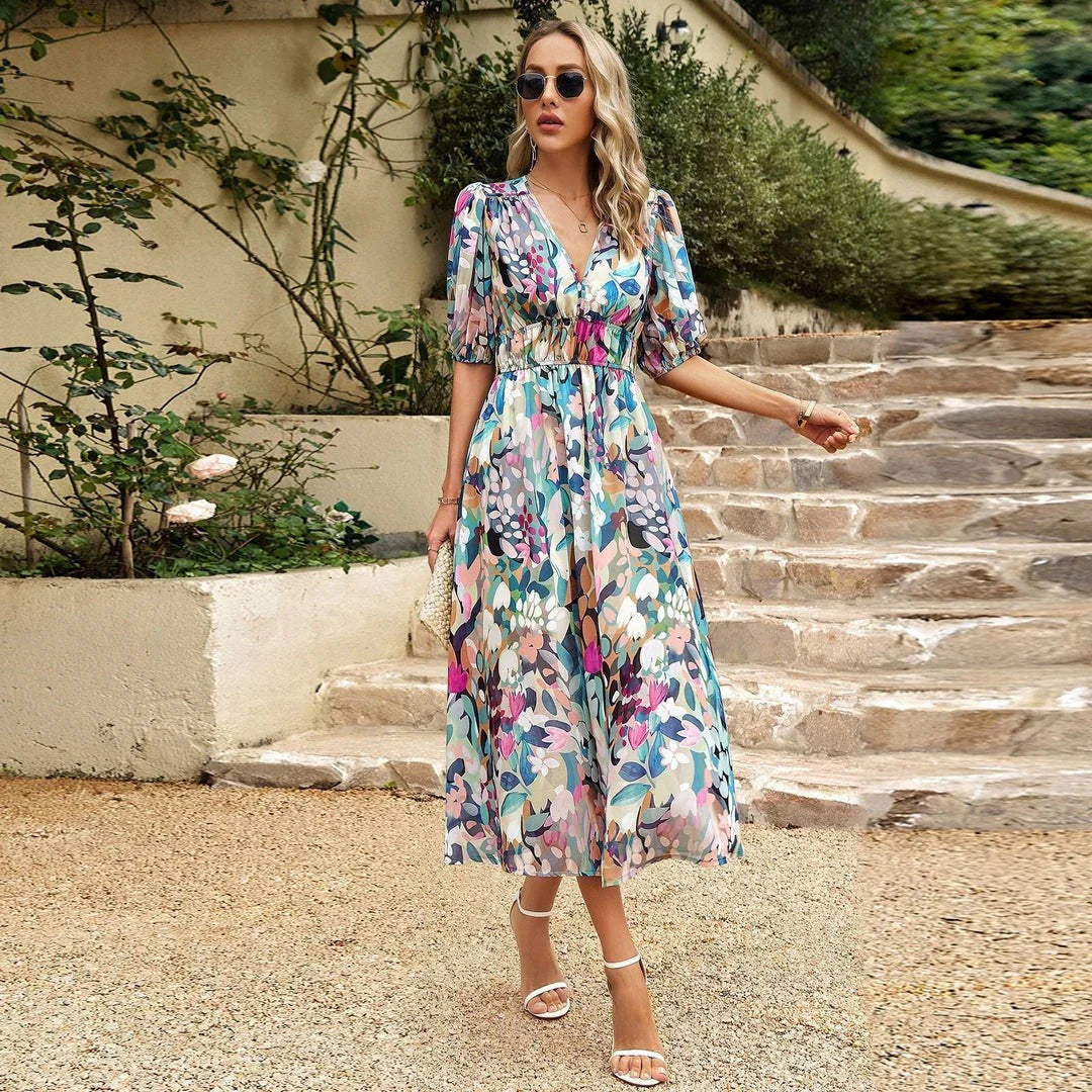 Gisela | Elegantes Maxikleid mit V-Ausschnitt und Blumenmuster