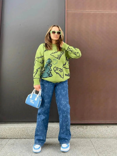 The supermade Cartoon Dinosaur Printed Sweater