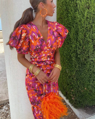 SIMONA | Kleid mit V-Ausschnitt und Puffärmeln