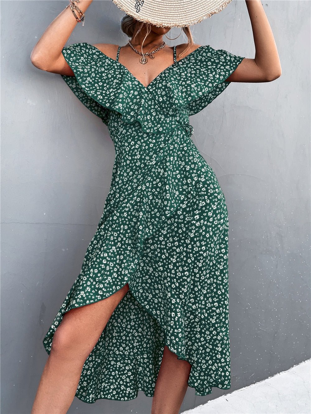 Maya | Elegantes schulterfreies Kleid mit Blumendruck