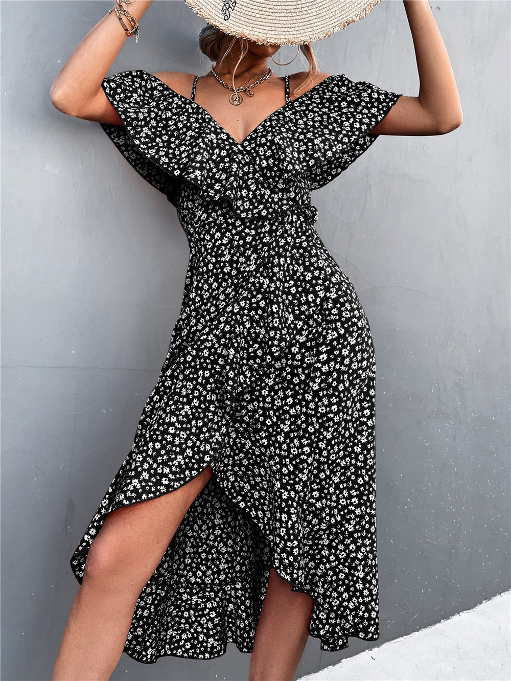 Maya | Elegantes schulterfreies Kleid mit Blumendruck