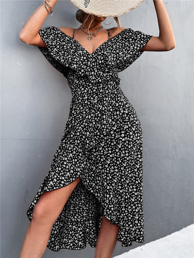 Maya | Elegantes schulterfreies Kleid mit Blumendruck