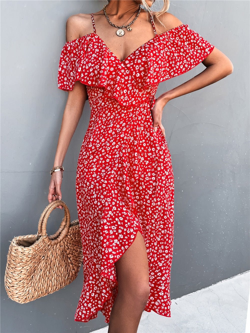 Maya | Elegantes schulterfreies Kleid mit Blumendruck