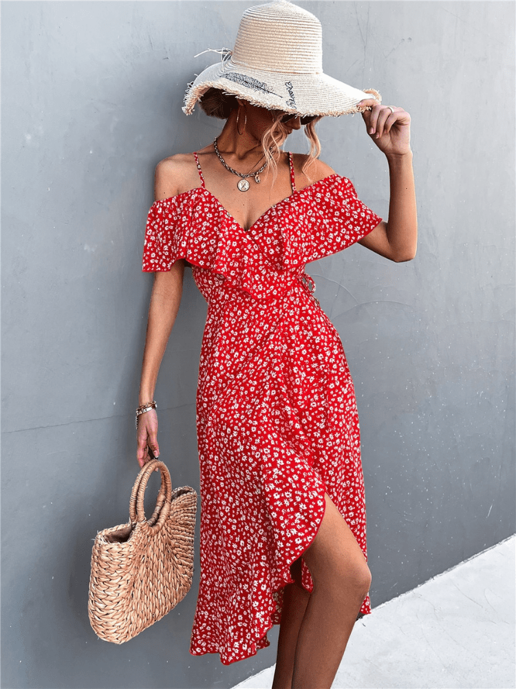 Maya | Elegantes schulterfreies Kleid mit Blumendruck