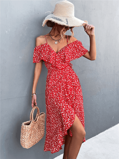 Maya | Elegantes schulterfreies Kleid mit Blumendruck