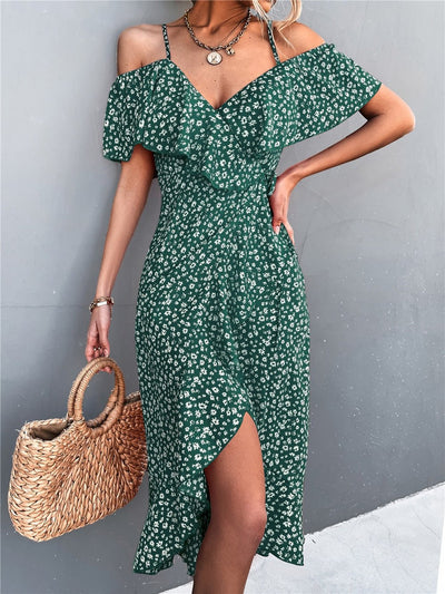 Maya | Elegantes schulterfreies Kleid mit Blumendruck
