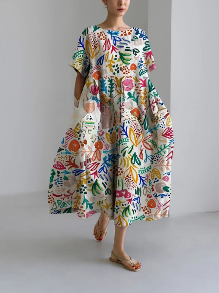 Damen Freizeit Sommerkleid mit Blumendruck, lockerer Rundhalsausschnitt, mittellanger Rock