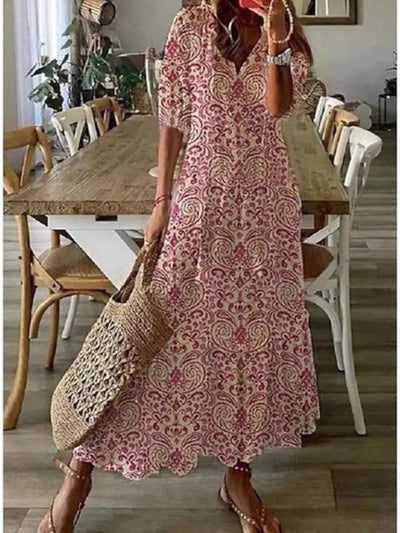 Andrea – Boho Vintage-Kleid mit V-Ausschnitt und Print